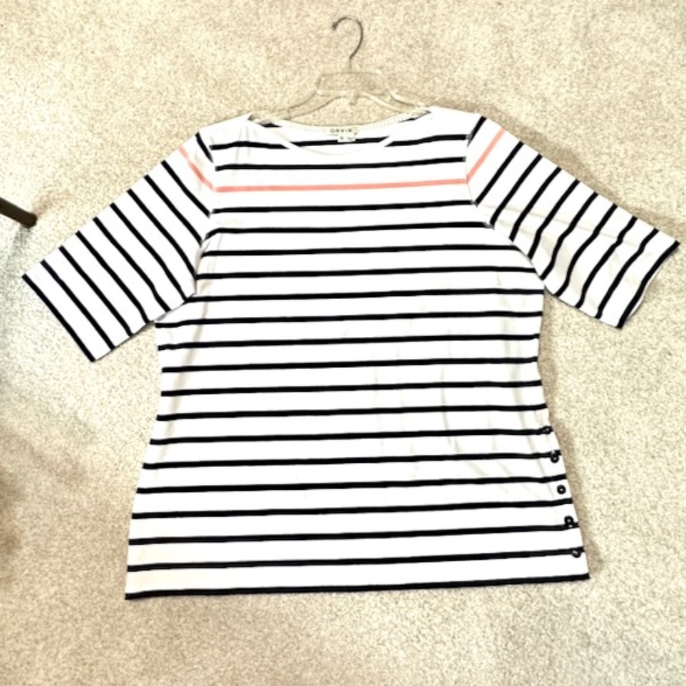 Orvis Navy and White Stripe Boatneck Cotton Knit Top Elbow Sleeves Women's XL